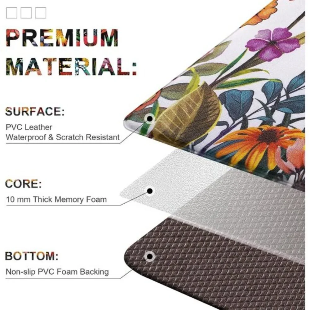 New Set of 2 White Floral Kitchen Mat, Anti-Fatigue, Cushioned, Non-Slip Mats